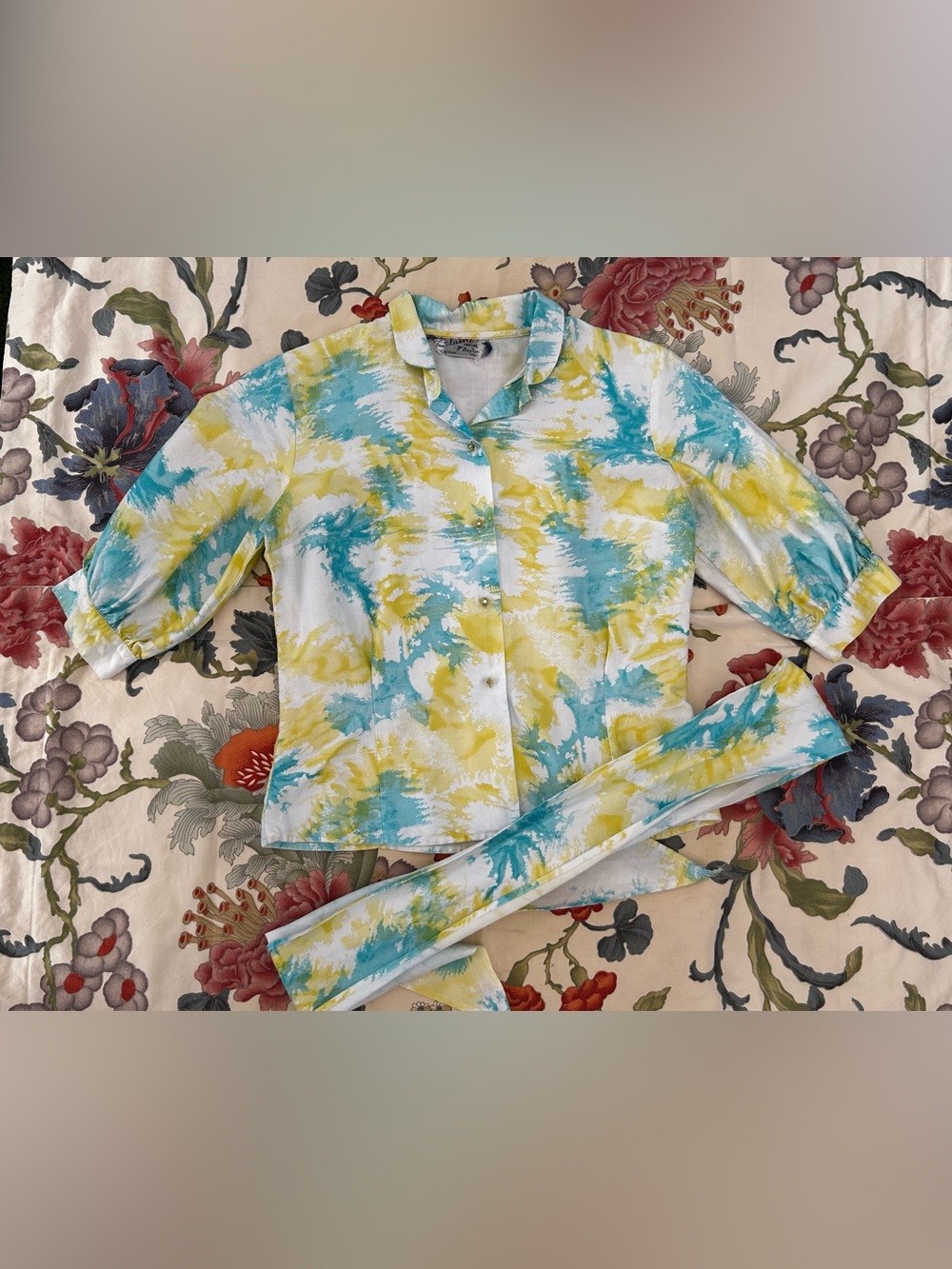 Vintage 60s Elaine Originals Watercolor Print Blouse & Matching Sash